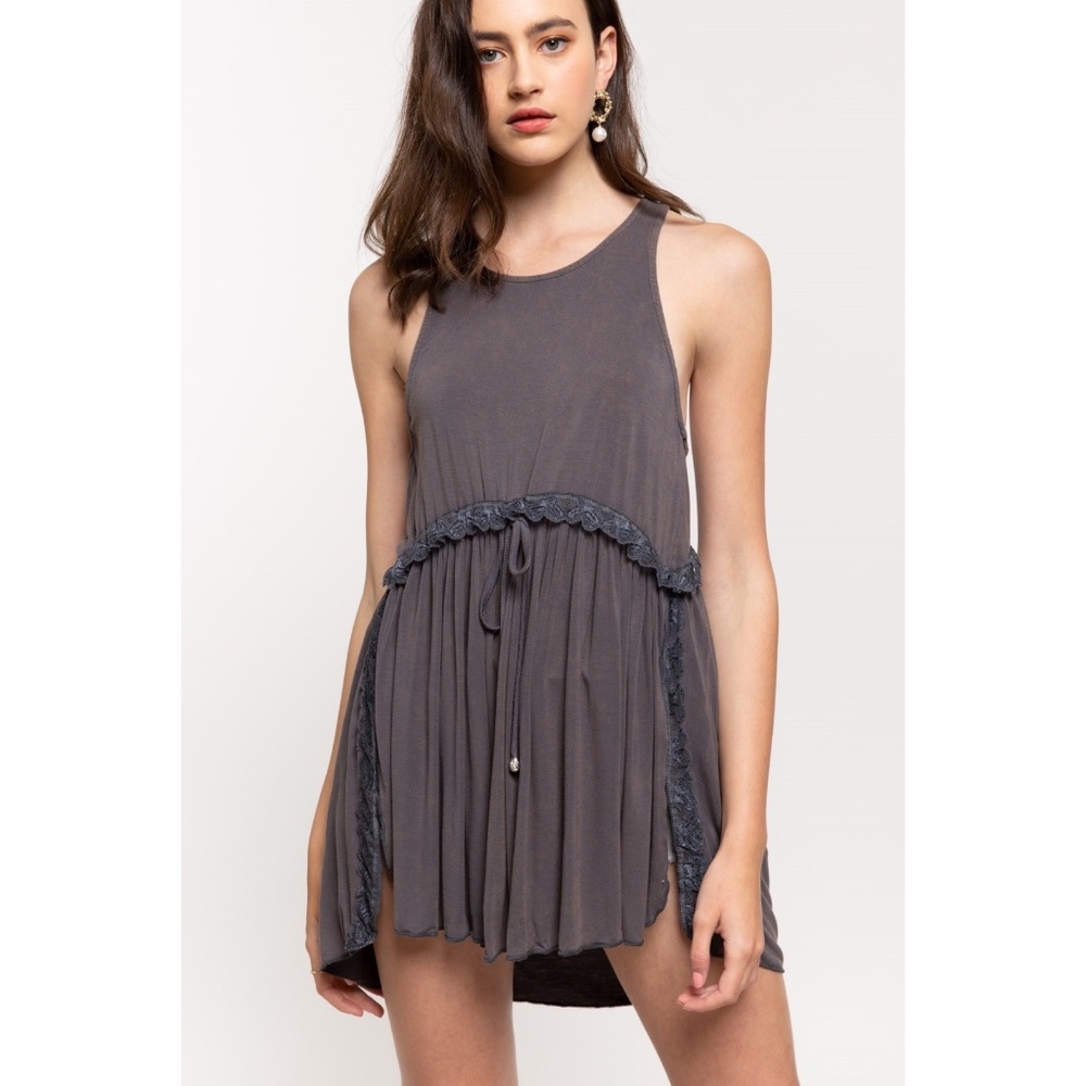 POL Charcoal Sleeveless Crochet Trimmed Babydoll Tunic Top - Picture 1 of 10